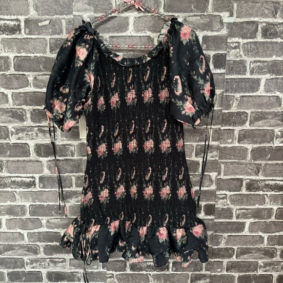 LOVESHACKFANCY puff sleeve smocked floral mini dress black pink floral - Picture 12 of 13